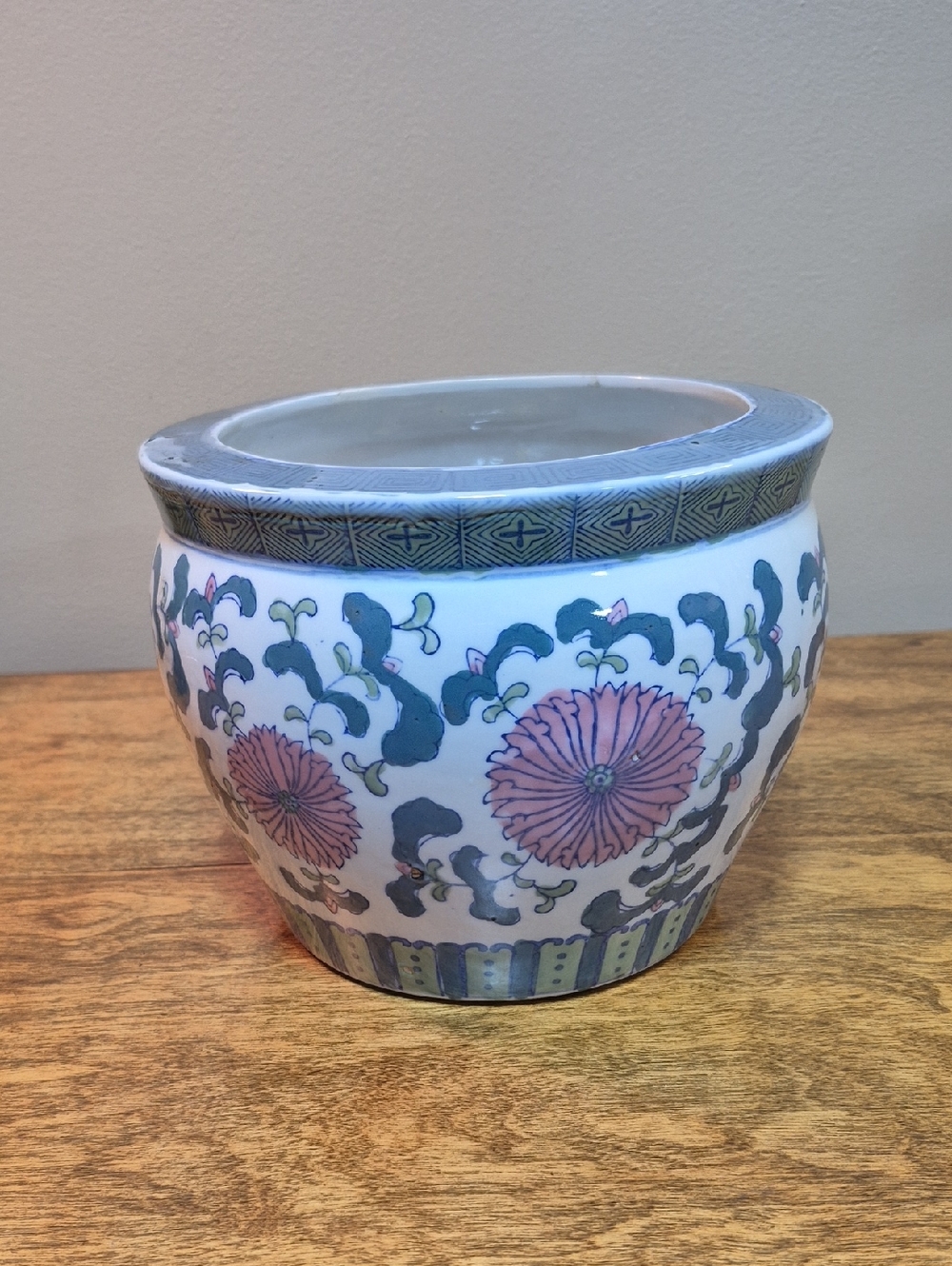 Vintage White Ceramic Planter with Green and Pink Floral Motif - Picture 5 of 14